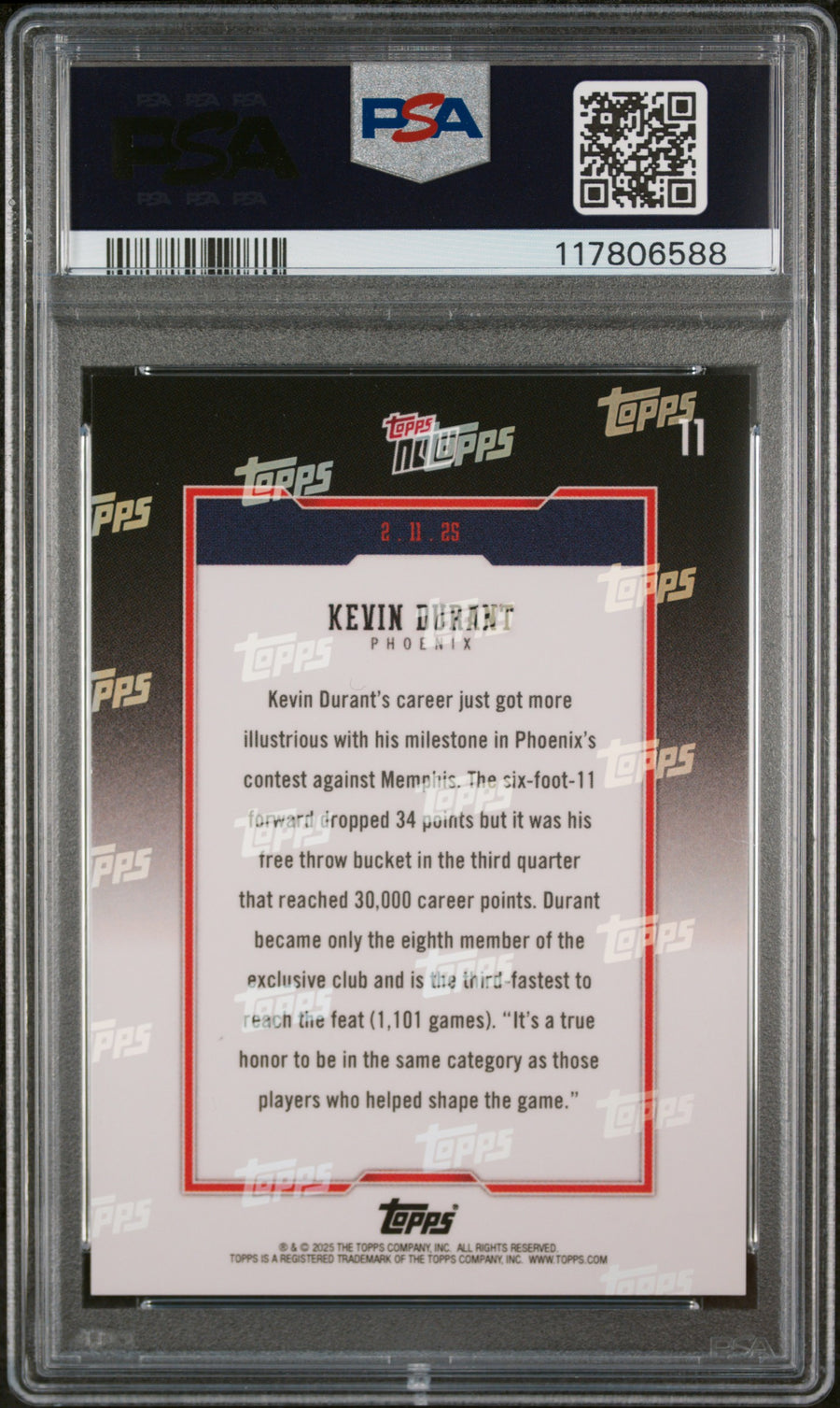 2024 Topps Now #11 Kevin Durant PSA 10 — Back