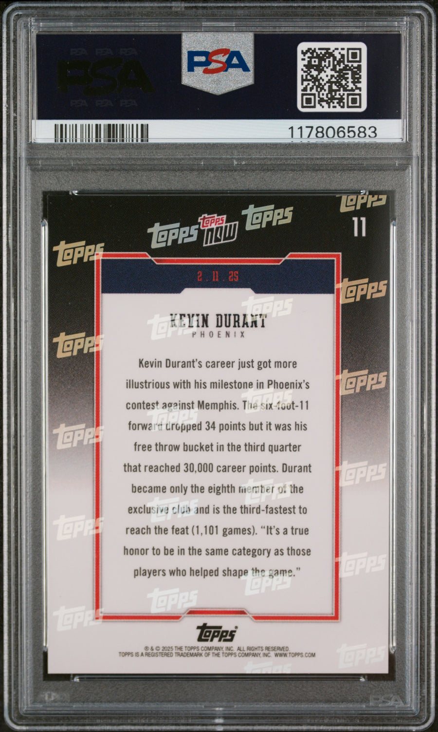 (1)2024 Topps Now #11 Kevin Durant PSA 10 — Back