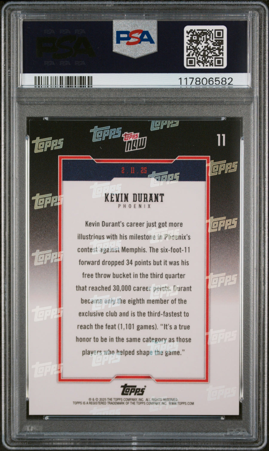 (2)2024 Topps Now #11 Kevin Durant PSA 10 — Back