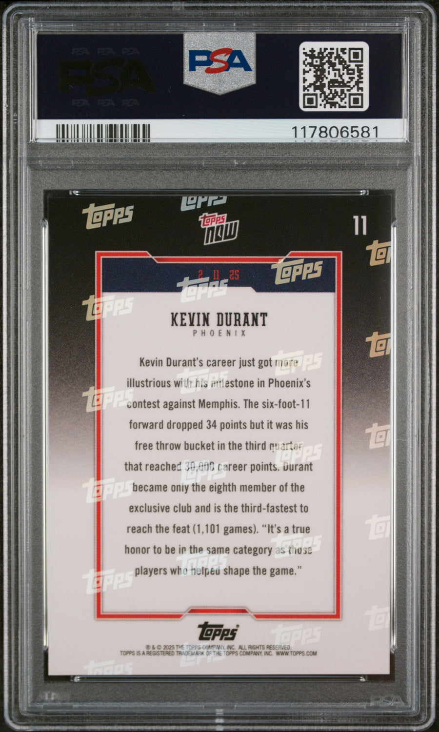 (3)2024 Topps Now #11 Kevin Durant PSA 10 — Back