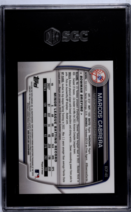 2023 Bowman Chrome Prospect #BCP-46 Marcos Cabrera Aqua Shimmer Refractor SGC 9.5 — Back