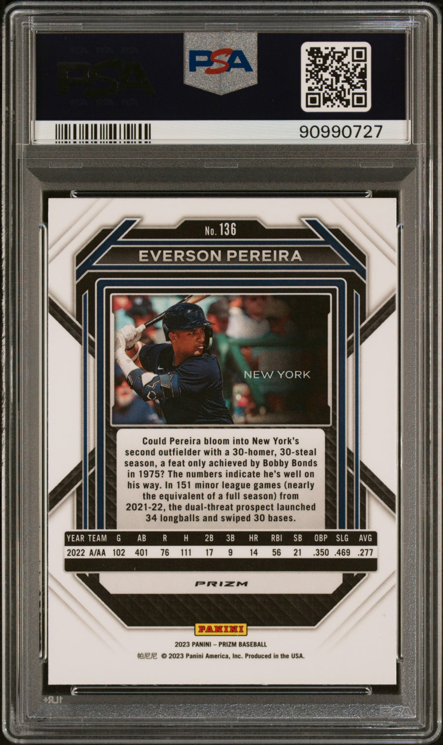 2023 Panini Prizm #136 Everson Pereira White Sparkle PSA 9 — Back