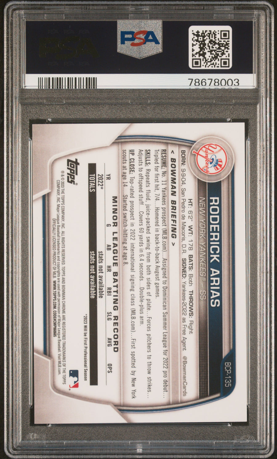 2023 Bowman Chrome Prospects #BCP135 Roderick Arias Purple Raywave Refractor PSA 10 — Back