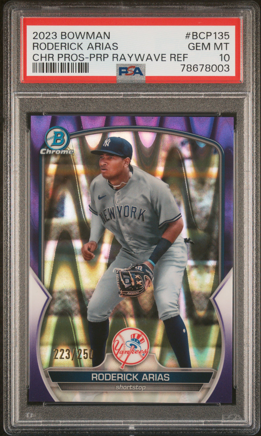 2023 Bowman Chrome Prospects #BCP135 Roderick Arias Purple Raywave Refractor PSA 10 — Front
