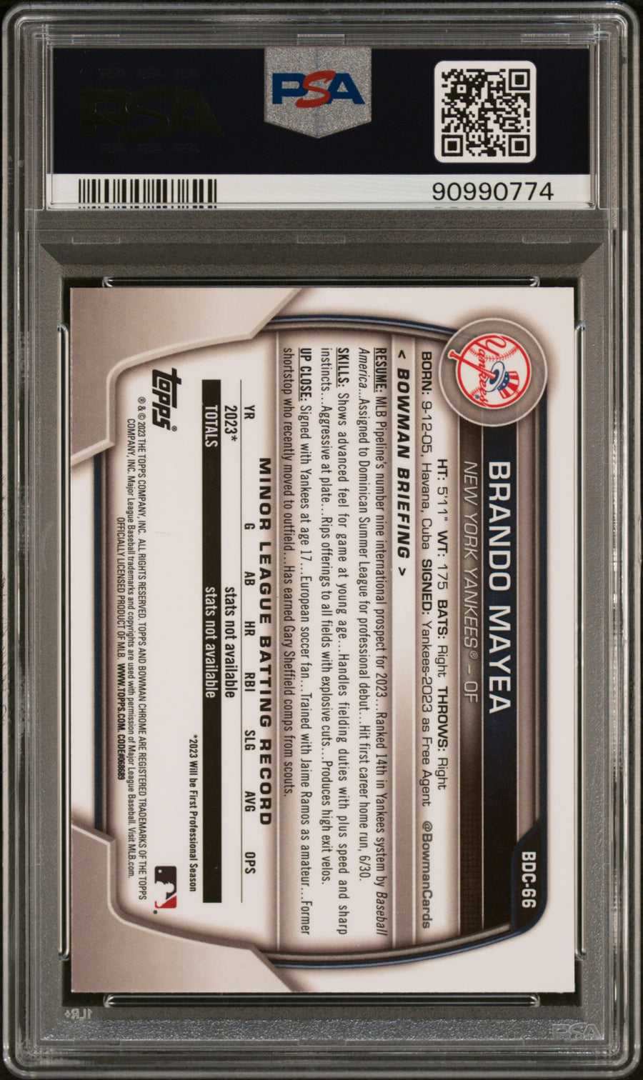 2023 Bowman Draft #BDC66 Brando Mayea Chrome-Yellow Refractor PSA 9 — Back