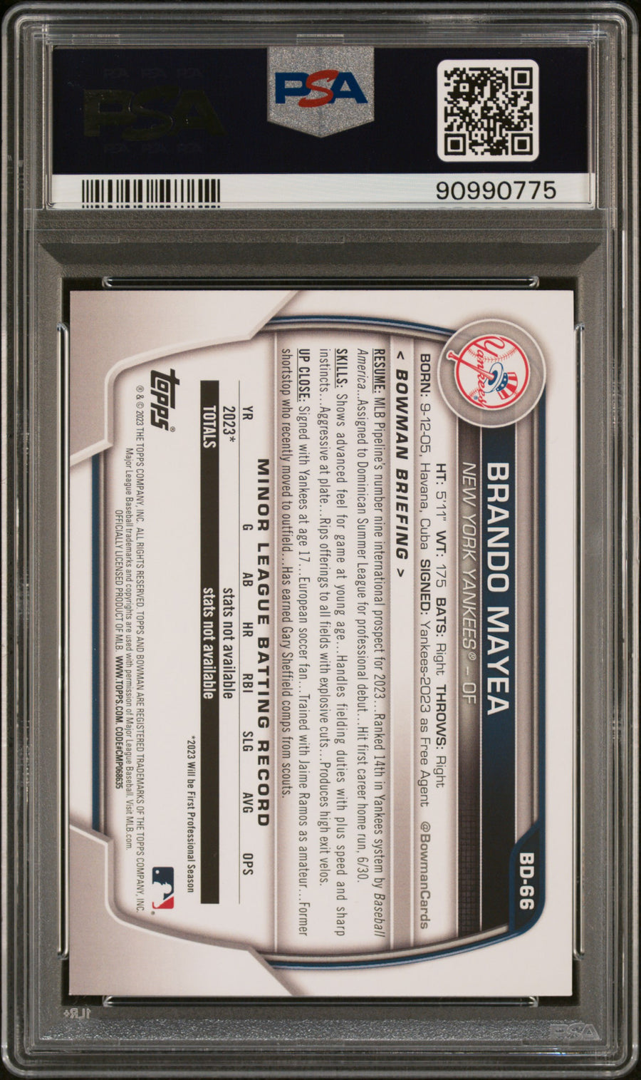2023 Bowman Draft #BD66 Brando Mayea Sky Blue PSA 9 — Back