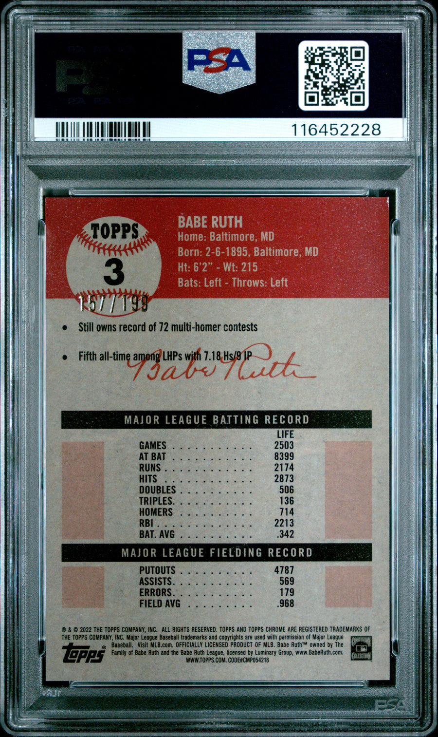 2022 Topps Chrome Platinum Anniversary #3 Babe Ruth Blue Mini Diamond Refractor PSA 10 — Back