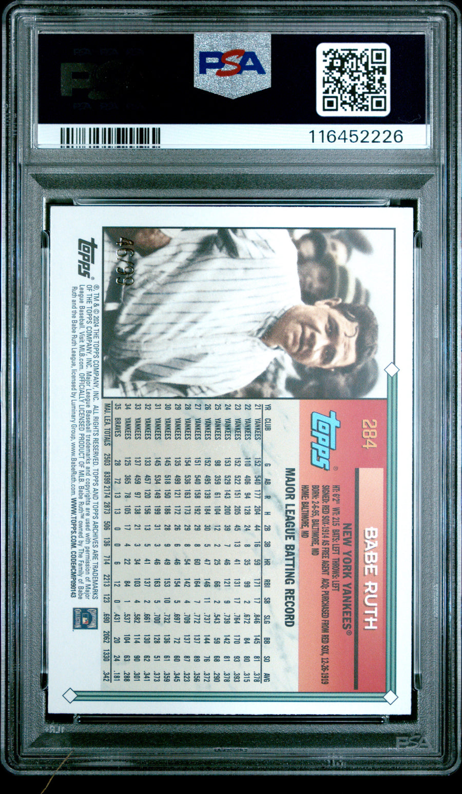 2024 Topps Archives #284 Babe Ruth Green Foilboard PSA 9 — Back