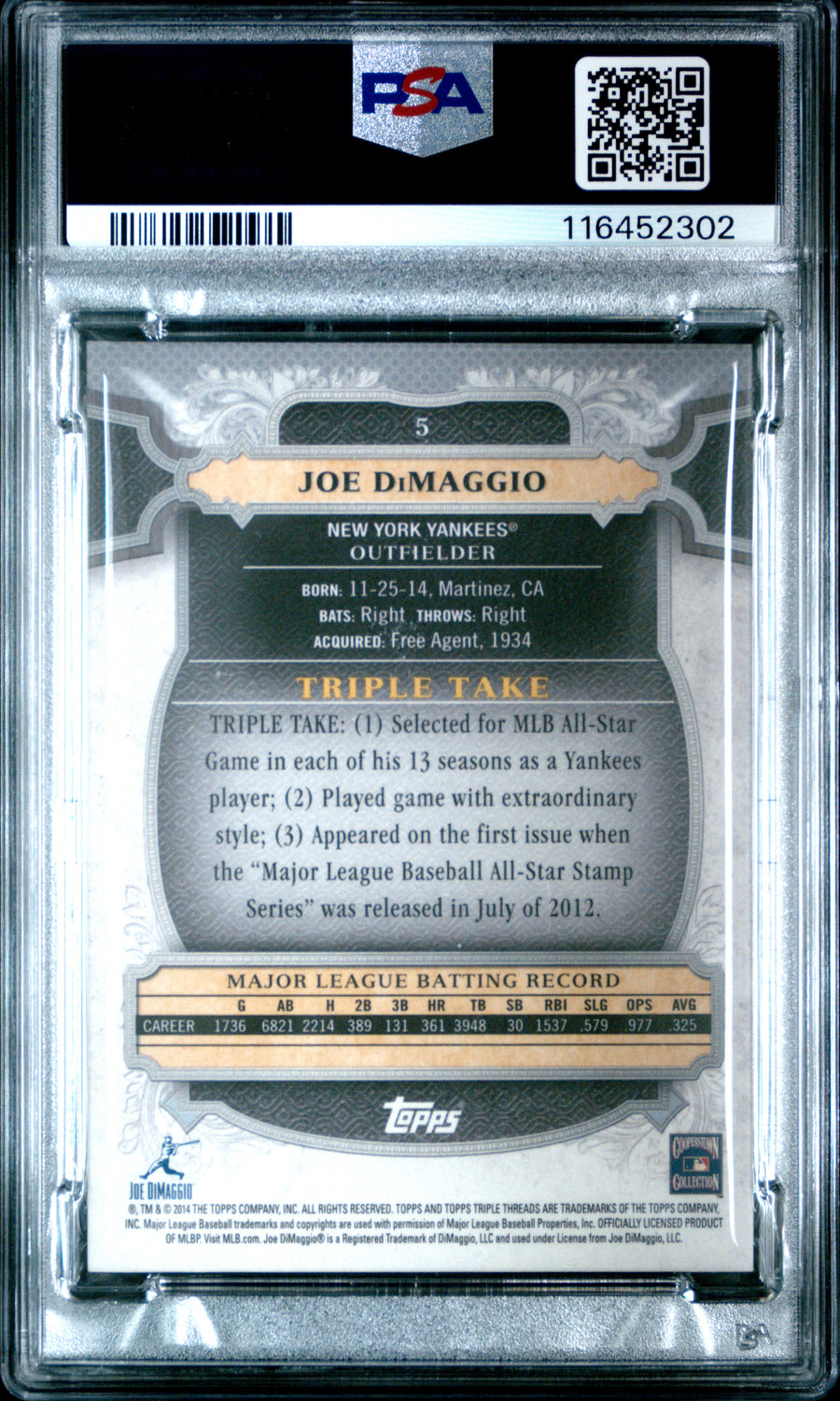 2014 Topps Triple Threads #5 Joe Dimaggio Emerald PSA 10 — Back