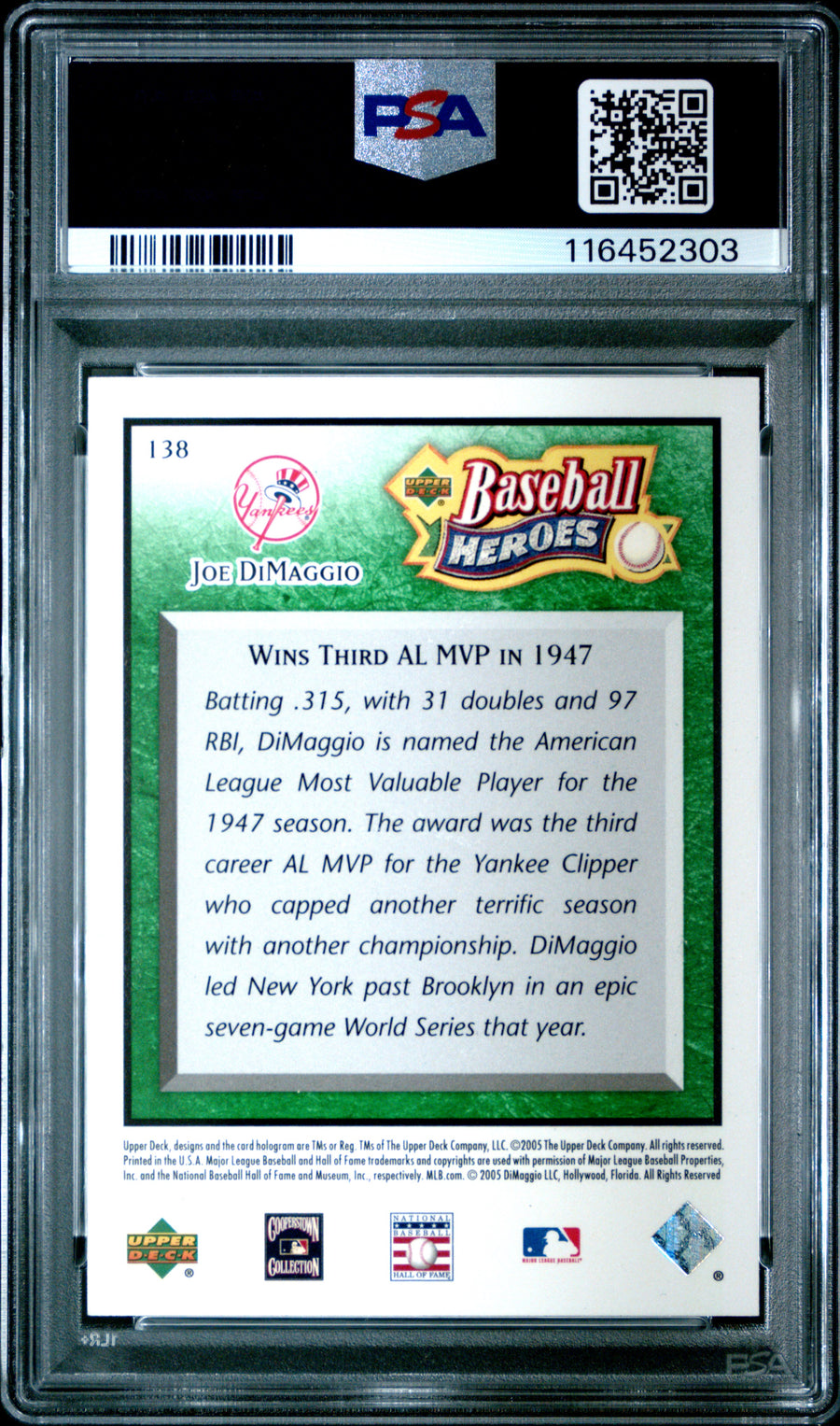 2005 Upper Deck Baseball Heroes #138 Joe Dimaggio Emerald PSA 10 — Back