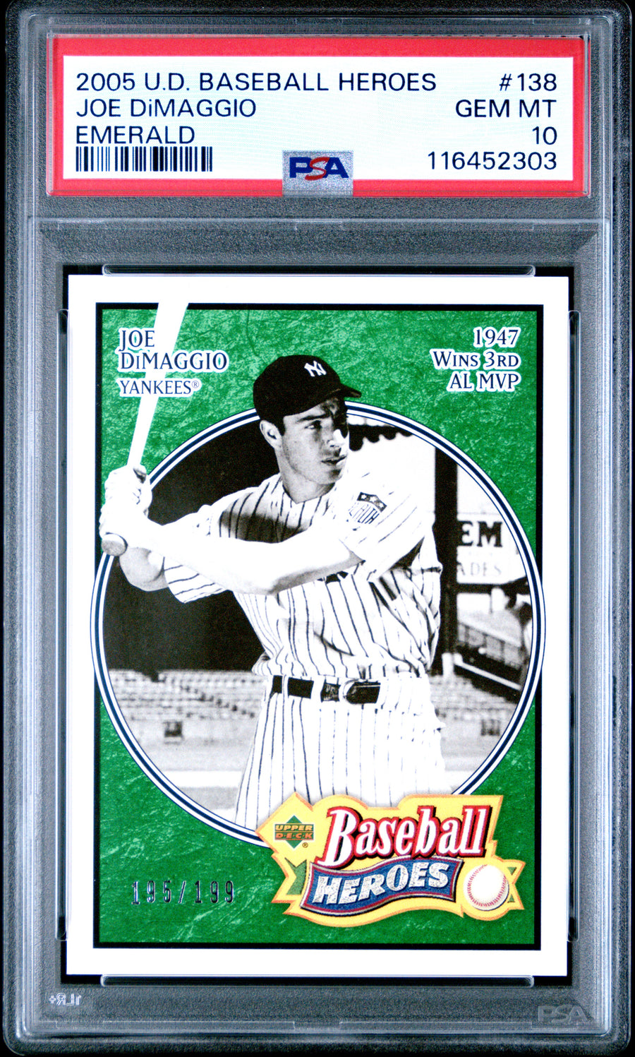 2005 Upper Deck Baseball Heroes #138 Joe Dimaggio Emerald PSA 10 — Front