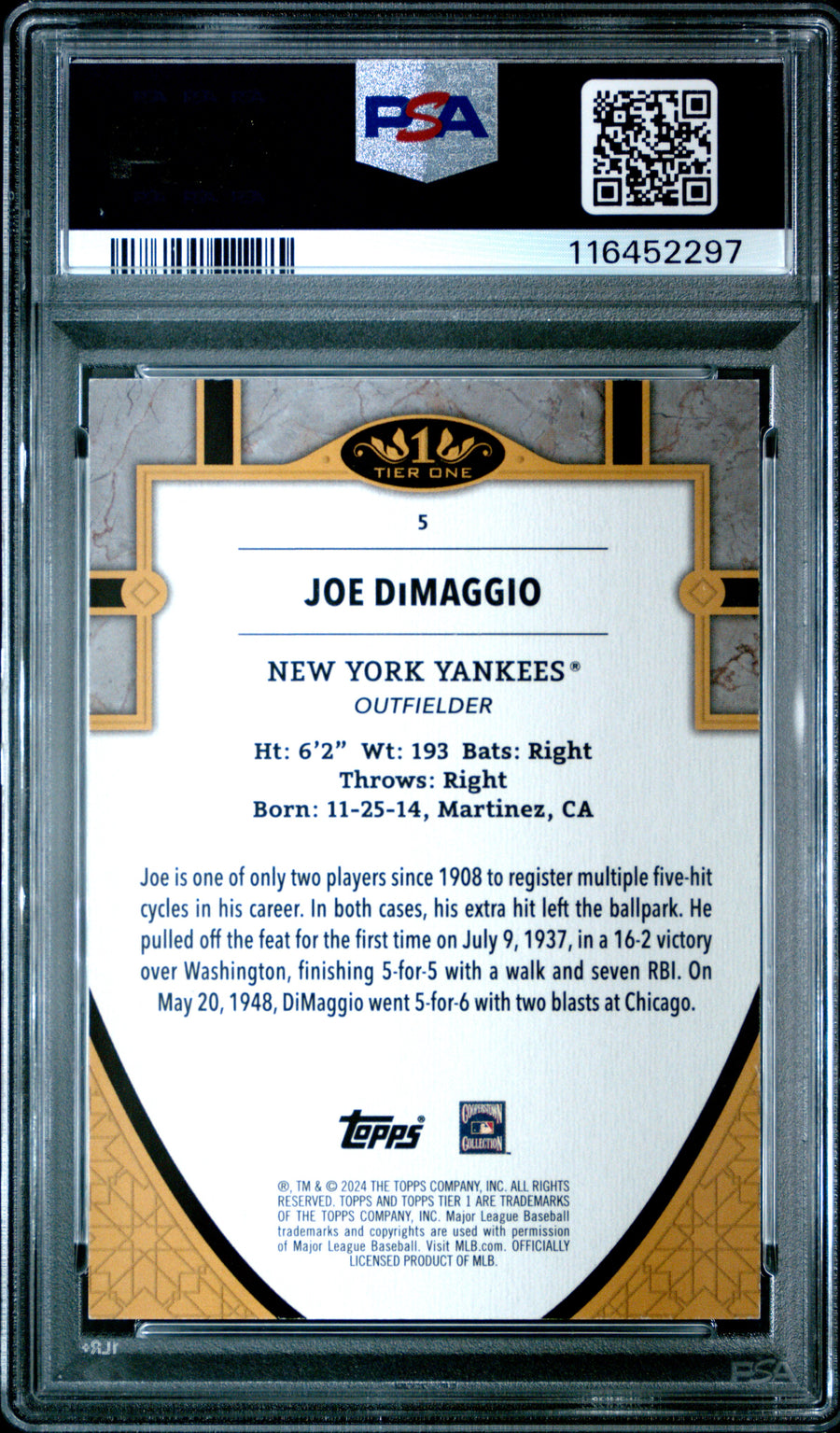 2024 Topps Tier One #5 Joe Dimaggio Red Foil PSA 9 — Back