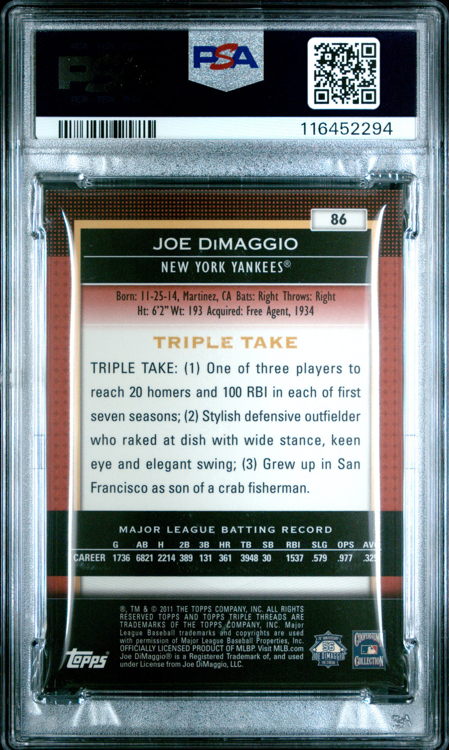 2011 Topps Triple Threads #86 Joe Dimaggio PSA 9 — Back