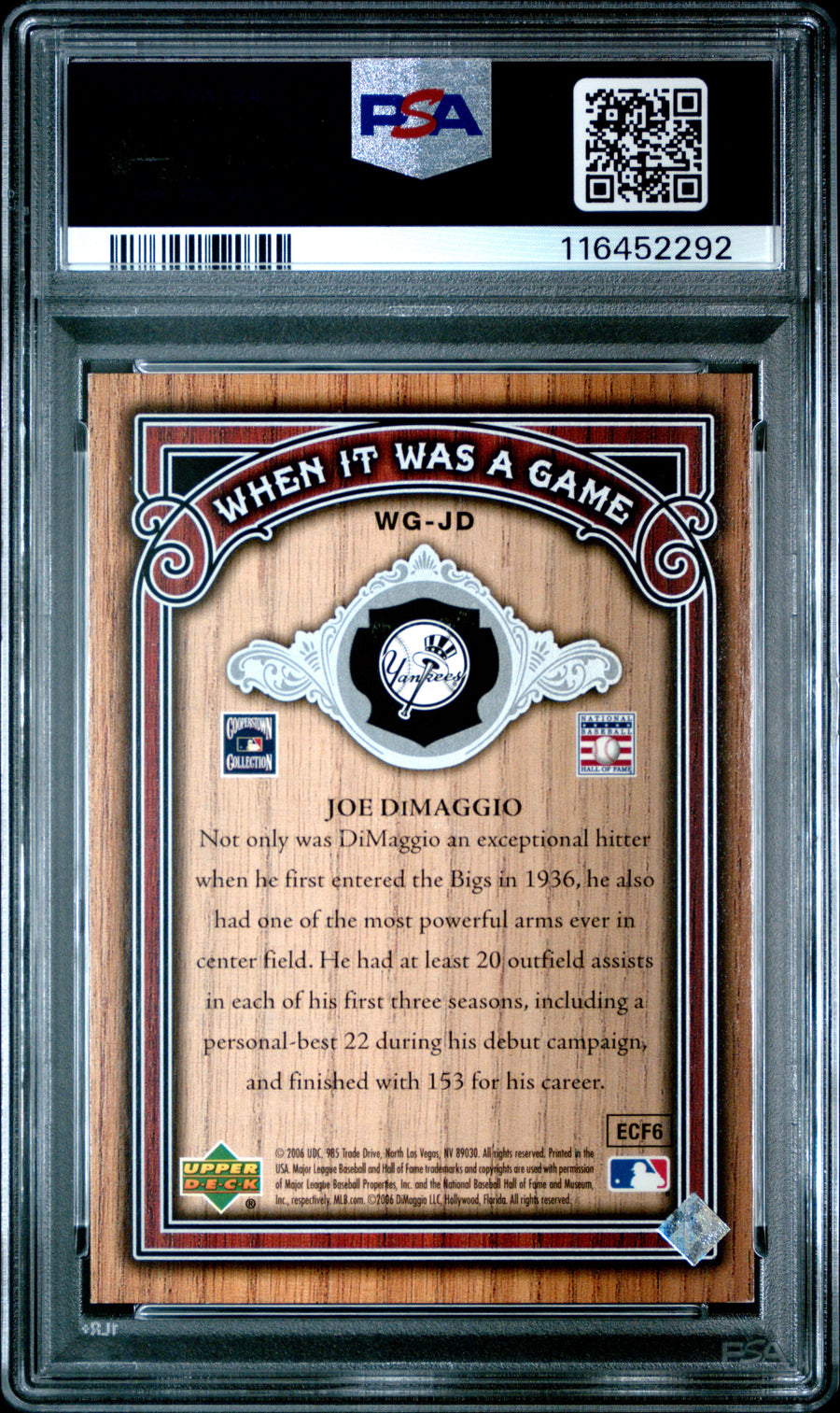 2006 SP Legendary Cuts When It Was A Game #WG-JD Joe Dimaggio Silver PSA 8 — Back