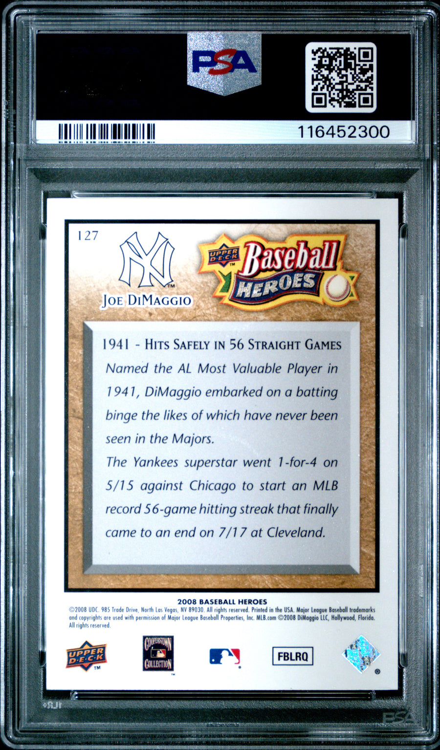 2008 Upper Deck Baseball Heroes #127 Joe Dimaggio Beige PSA 8 — Back