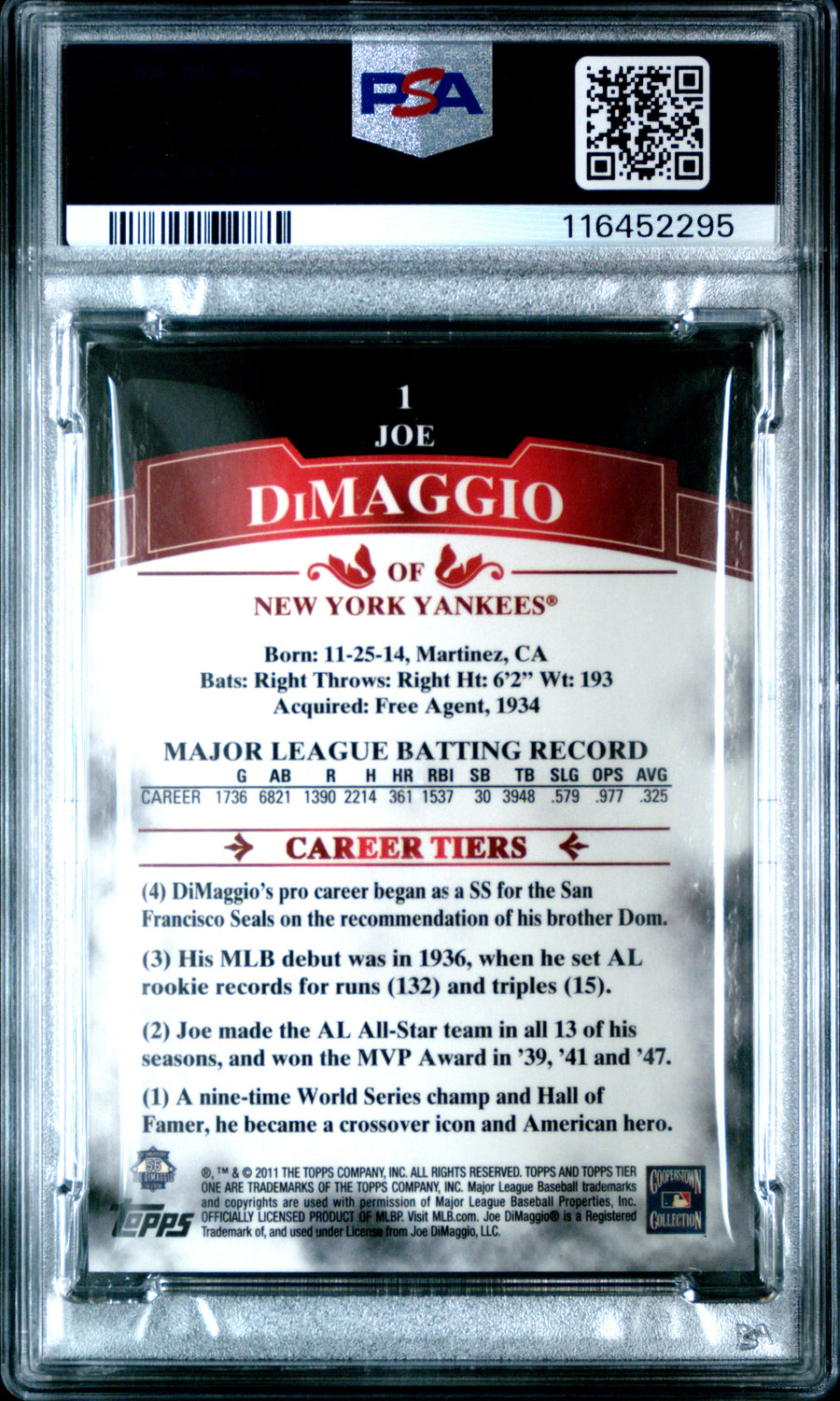 2011 Topps Tier One #1 Joe Dimaggio PSA 8 — Back