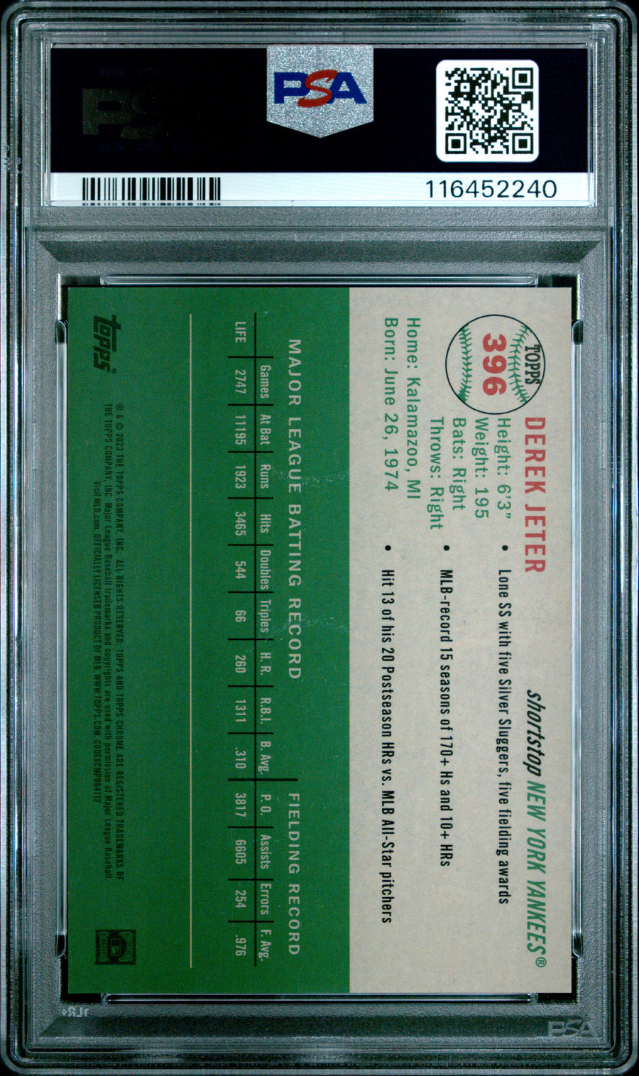 2023 Topps Chrome Platinum Anniversary #396 Derek Jeter Speckle Refractor PSA 10 — Back