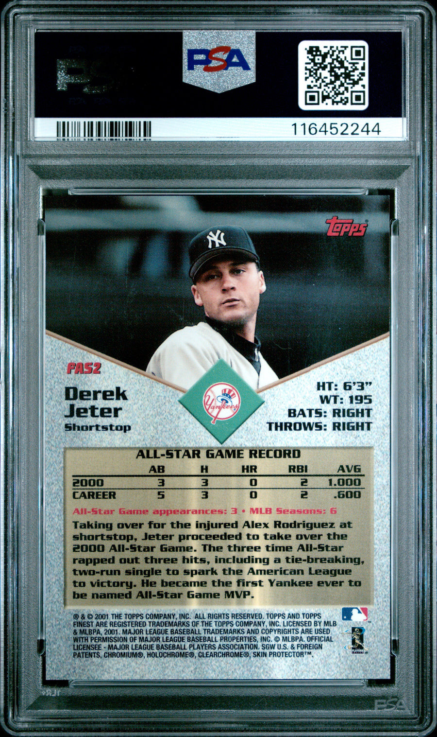 2001 Finest All Stars #FAS2 Derek Jeter PSA 8 — Back