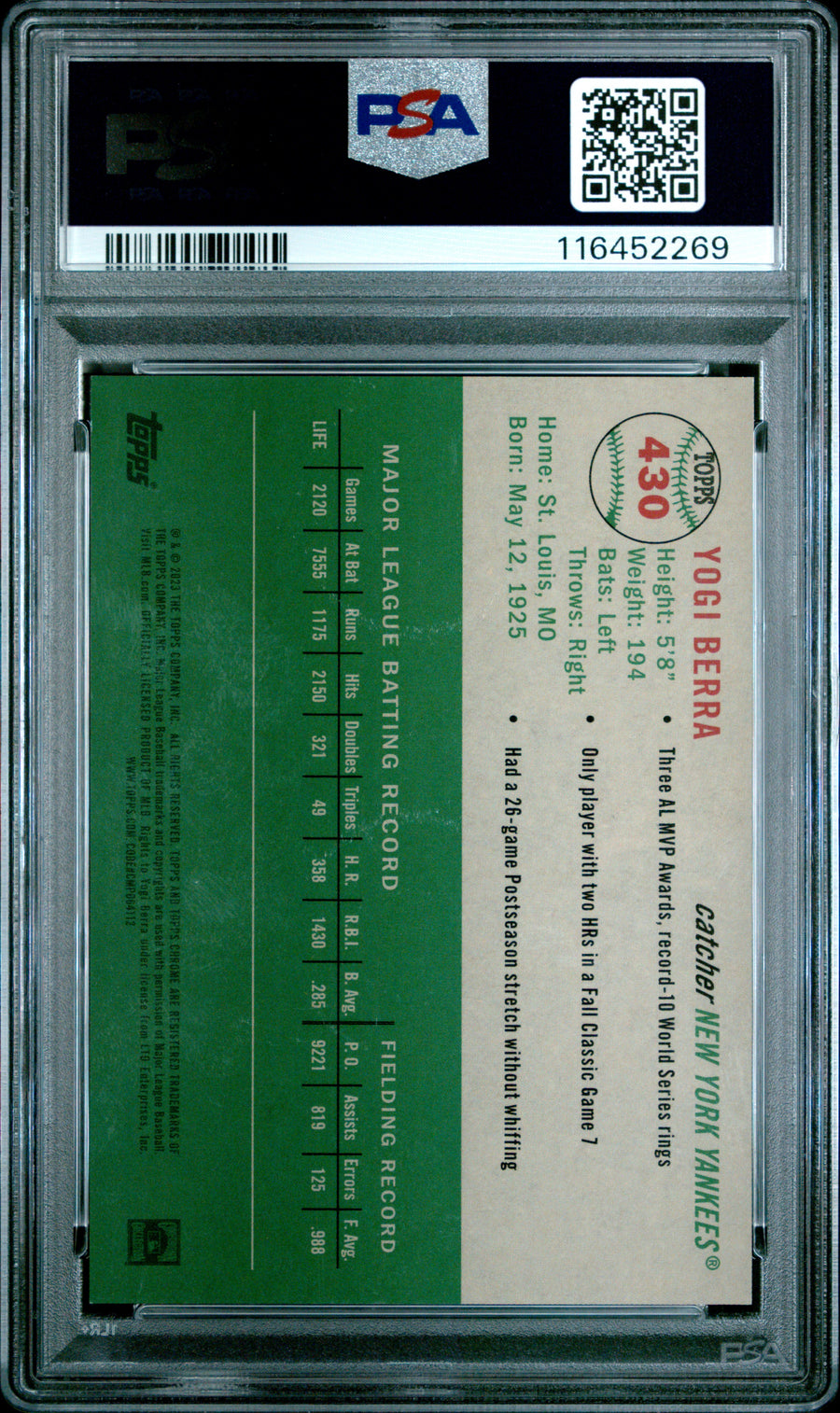 2023 Topps Chrome Platinum Anniversary #430 Yogi Berra Topps Refractor PSA 10 — Back