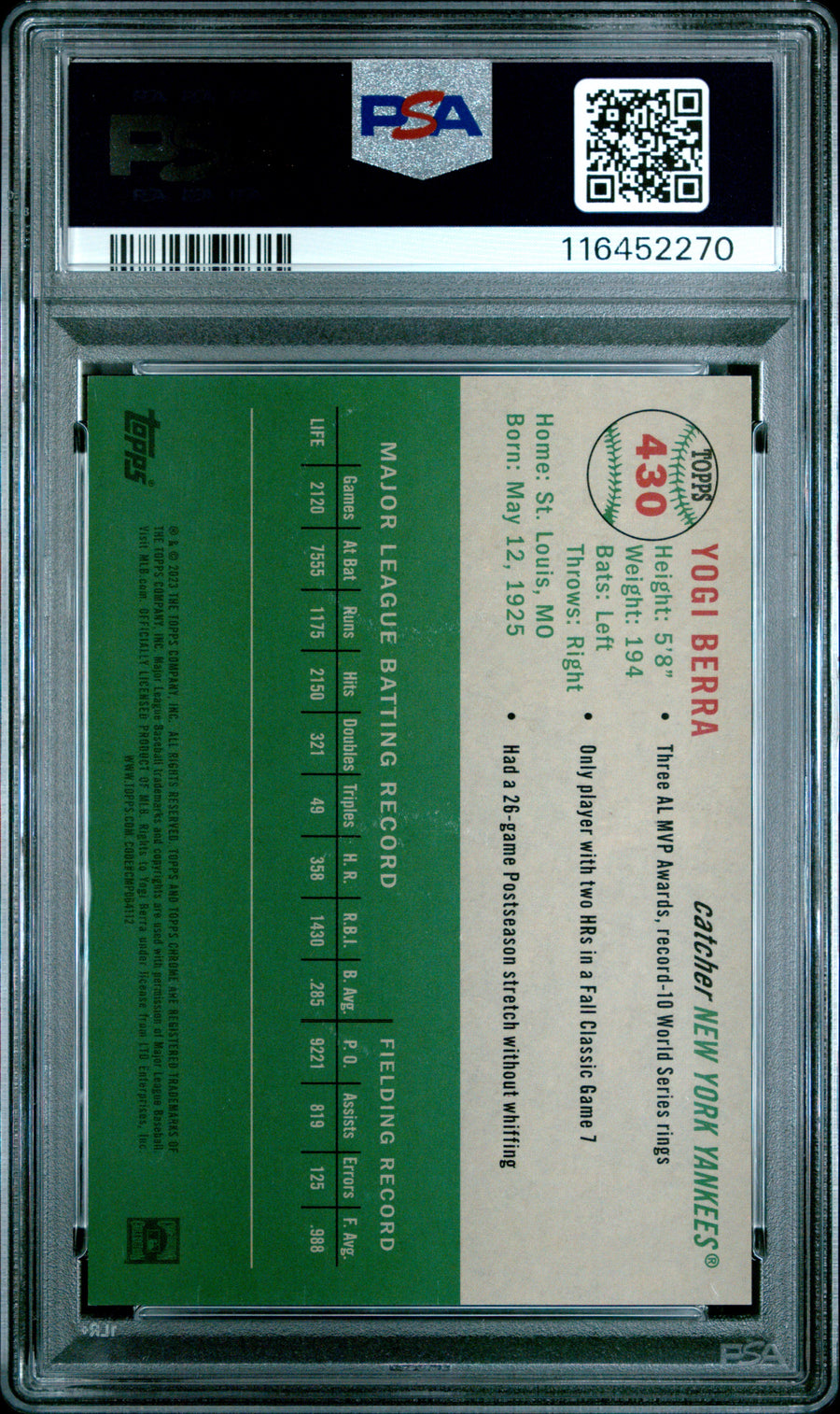 (1)2023 Topps Chrome Platinum Anniversary #430 Yogi Berra Topps Refractor PSA 10 — Back