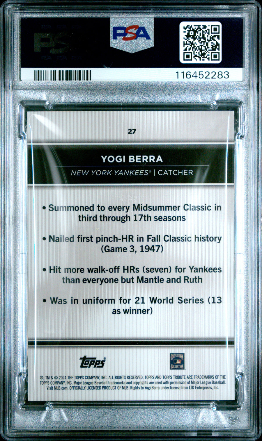2024 Topps Tribute #27 Yogi Berra Orange PSA 10 — Back