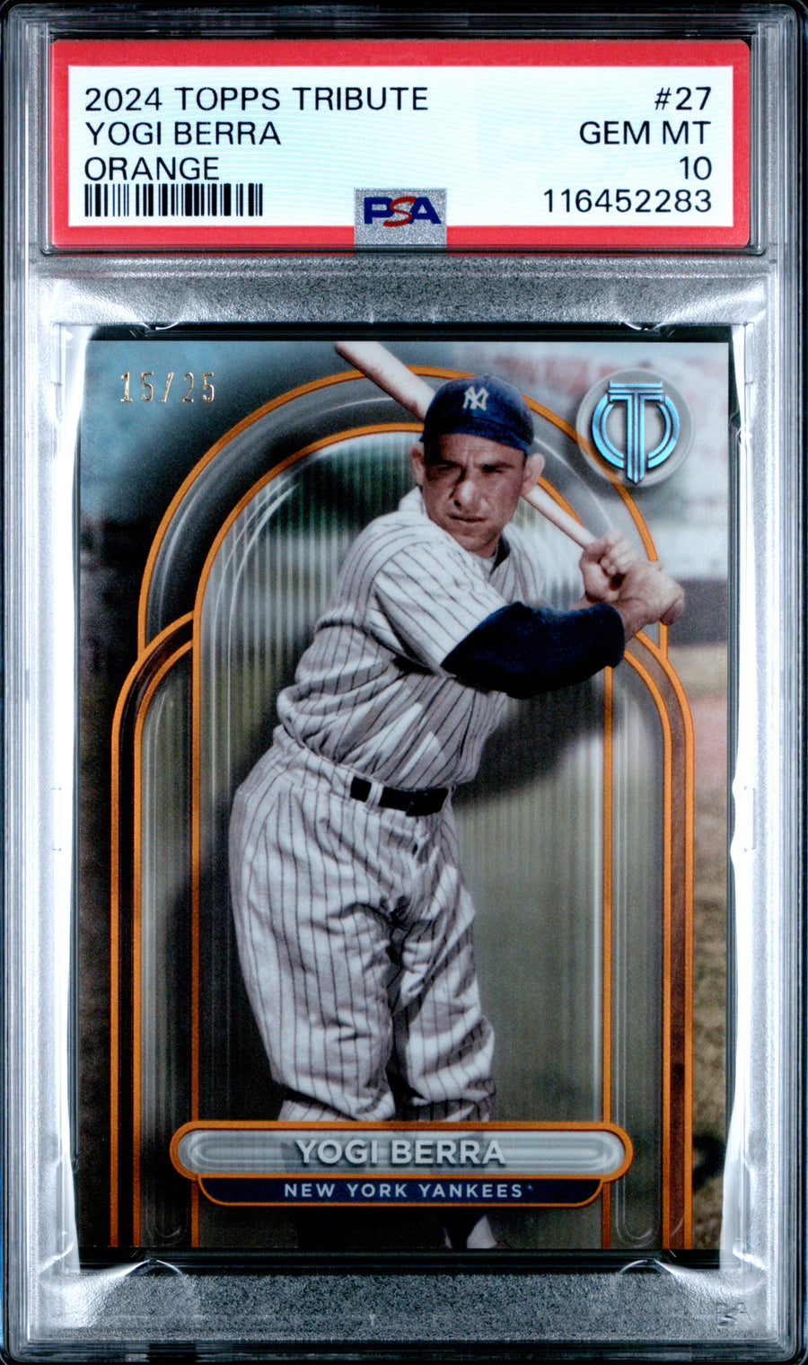 2024 Topps Tribute #27 Yogi Berra Orange PSA 10 — Front