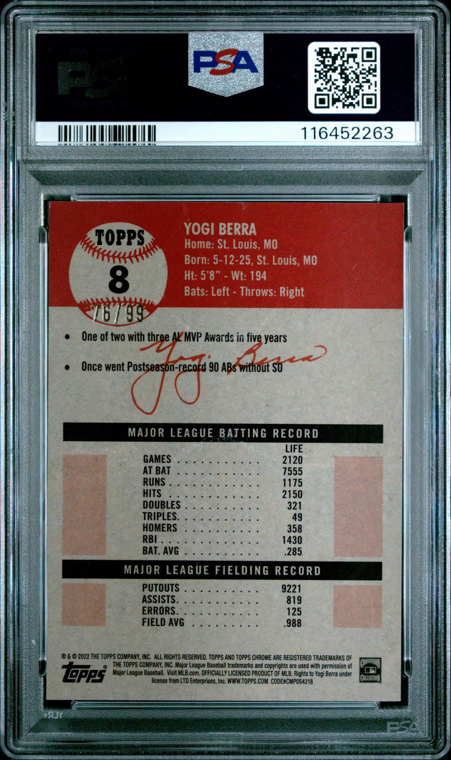 2022 Topps Chrome Platinum Anniversary #8 Yogi Berra Toile White/Green Ref PSA 9 — Back