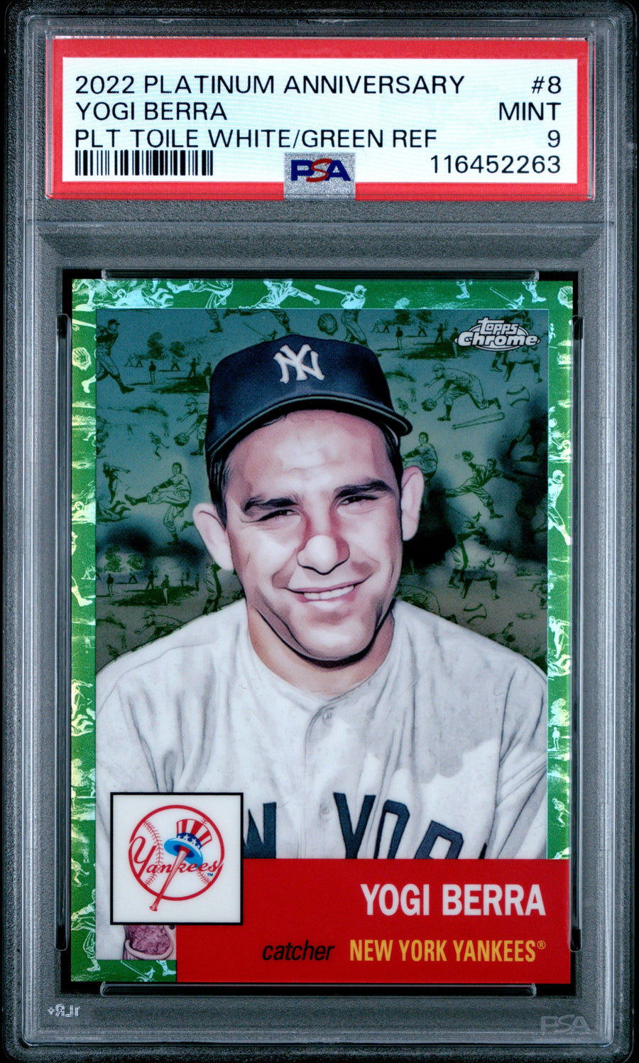 2022 Topps Chrome Platinum Anniversary #8 Yogi Berra Toile White/Green Ref PSA 9 — Front