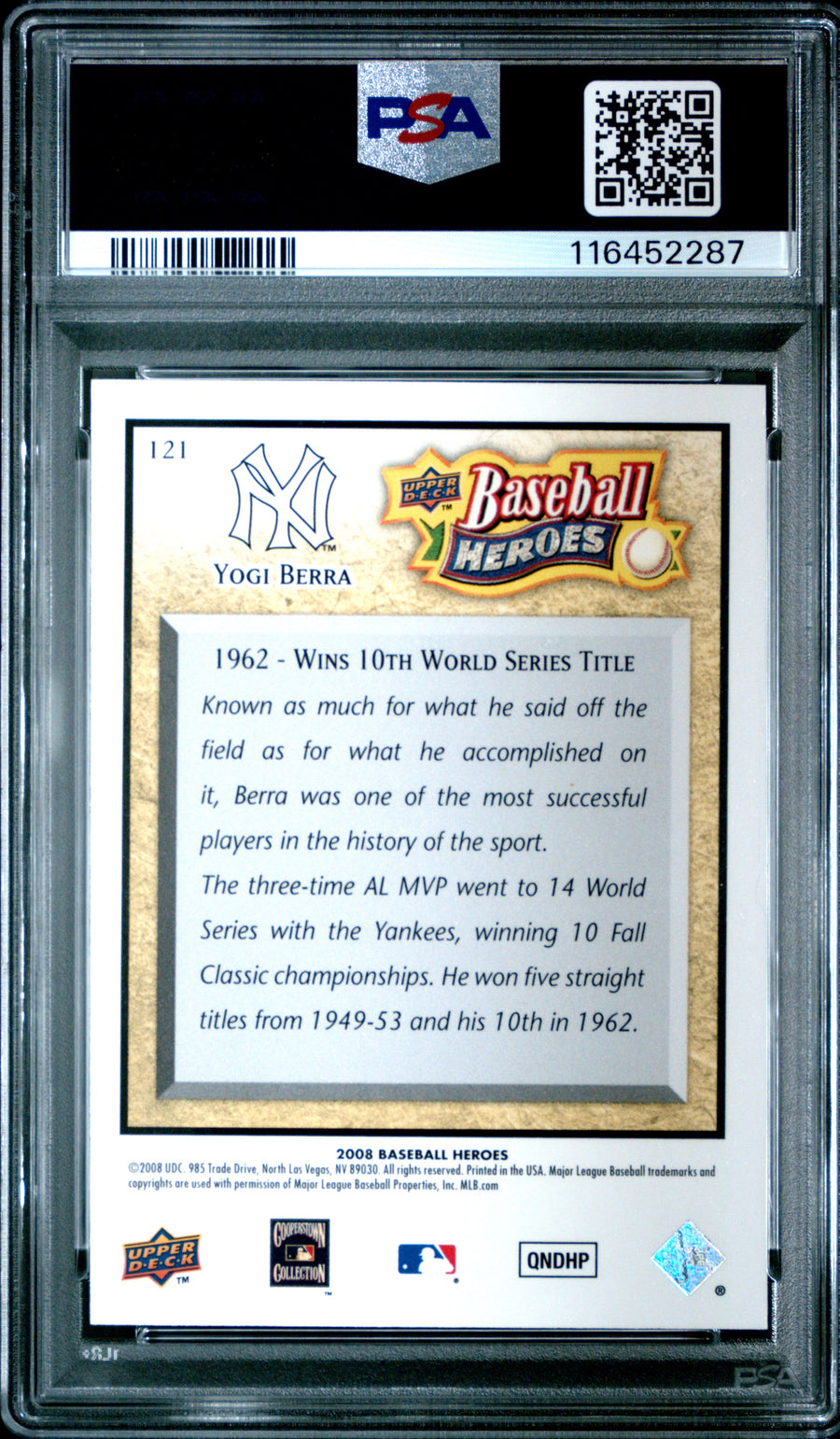 2008 Upper Deck Baseball Heroes #121 Yogi Berra Beige PSA 9 — Back