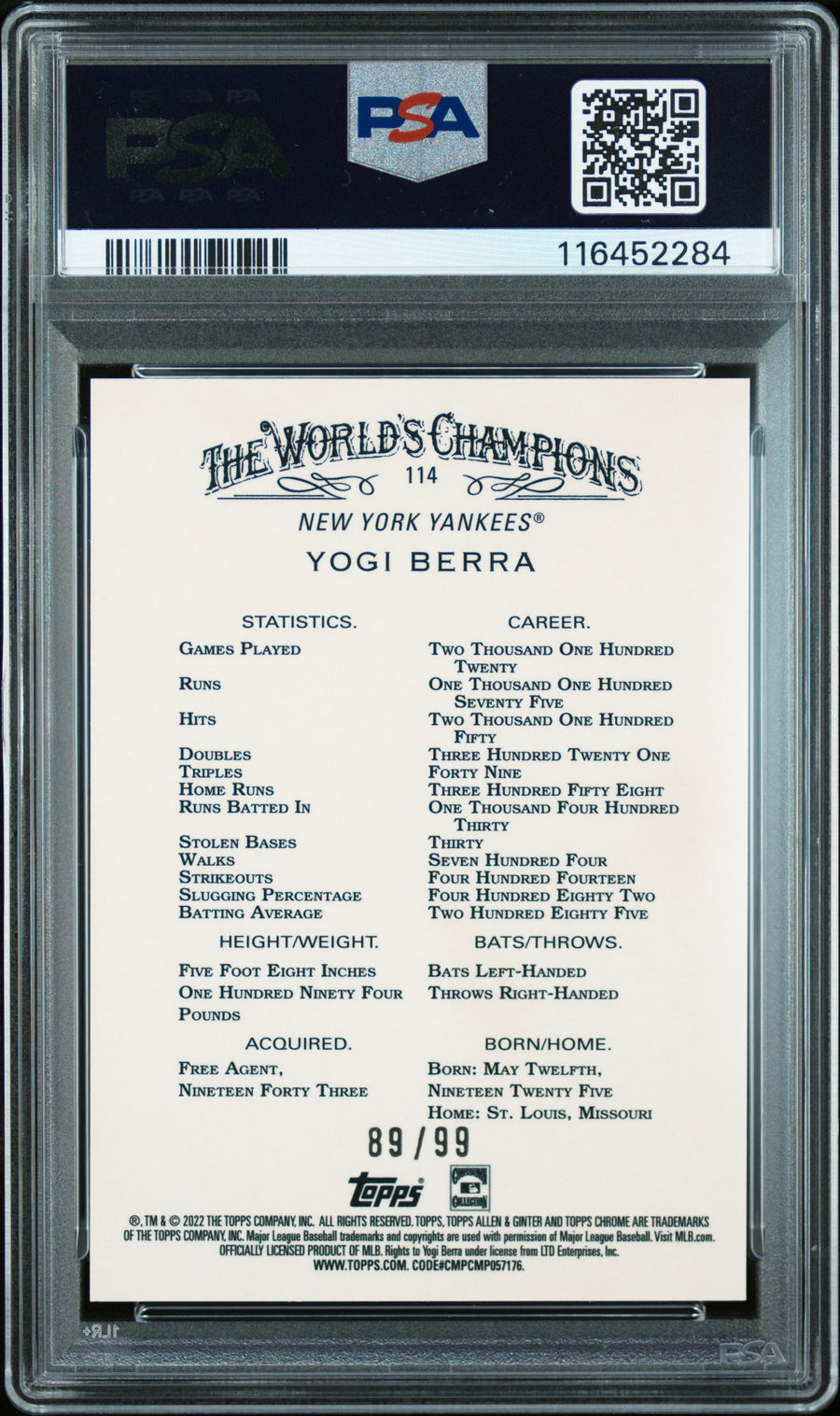 2022 Topps Allen & Ginter Chrome #114 Yogi Berra Green Refractor PSA 9 — Back