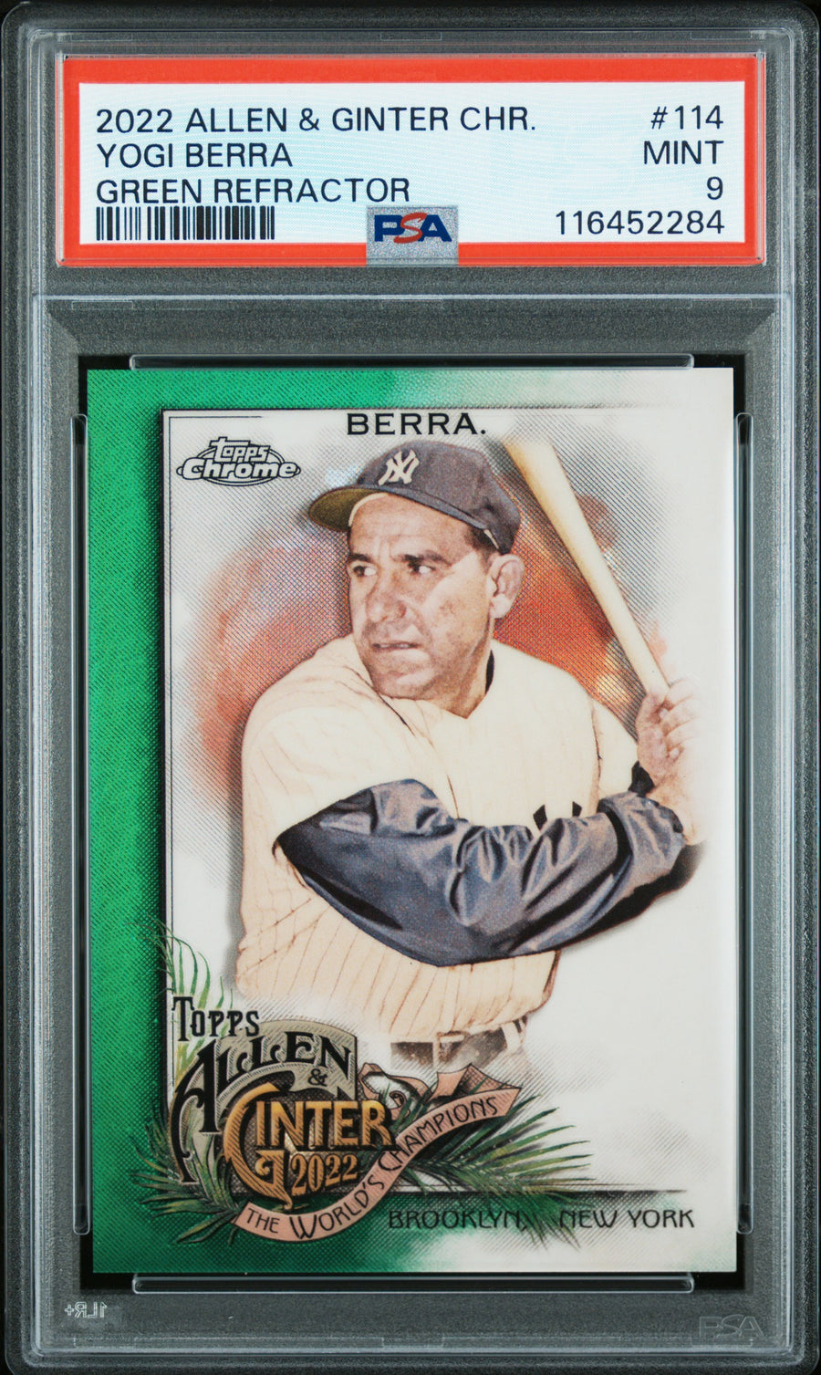2022 Topps Allen & Ginter Chrome #114 Yogi Berra Green Refractor PSA 9 — Front