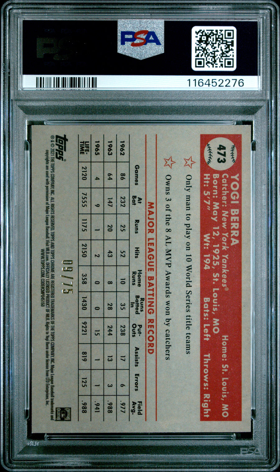 2021 Topps Chrome Platinum Anniversary #473 Yogi Berra Rose Gold Mini Dmd.Ref. PSA 9 — Back