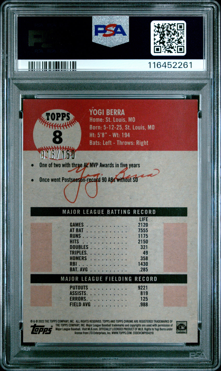 2022 Topps Chrome Platinum Anniversary #8 Yogi Berra Speckle Refractor PSA 9 — Back