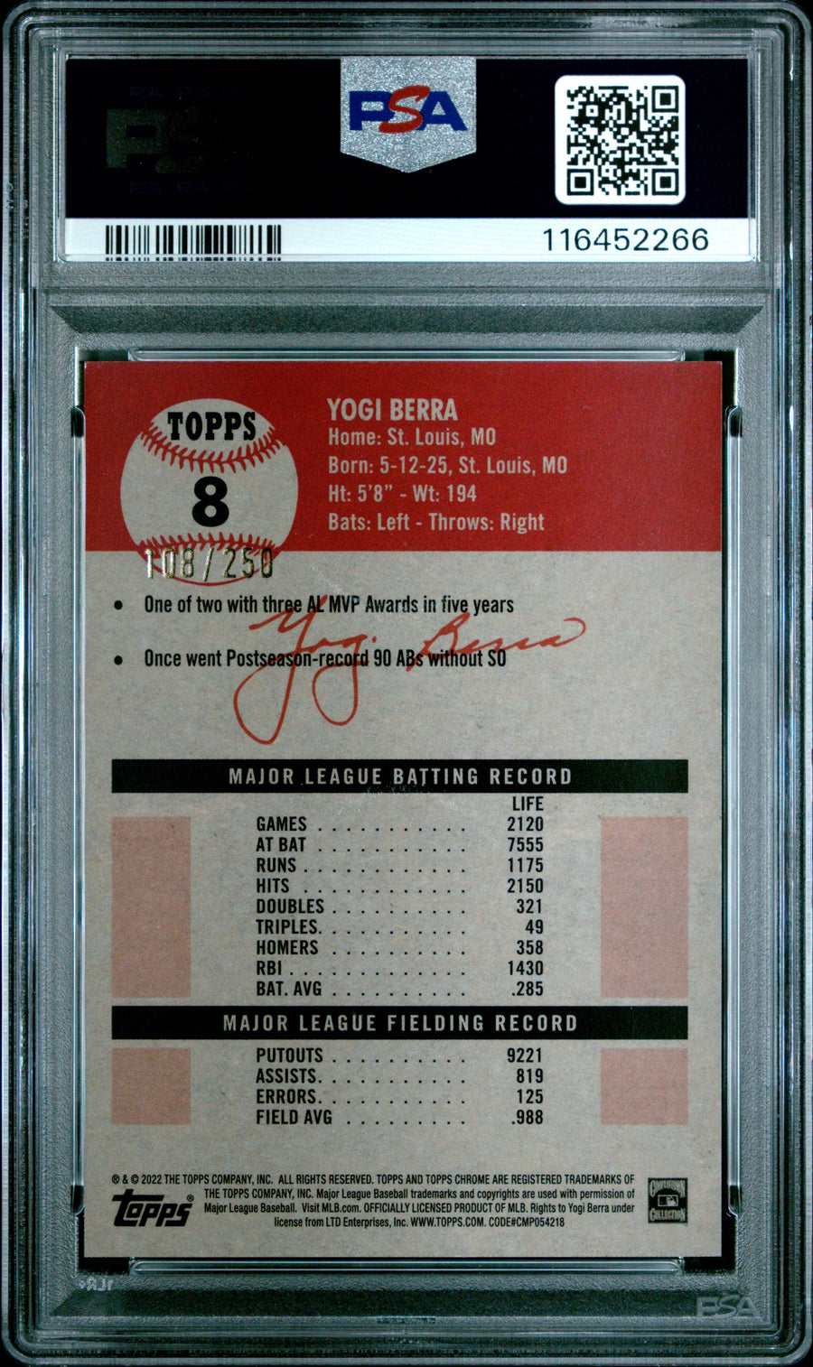 2022 Topps Chrome Platinum Anniversary #8 Yogi Berra Yellow Raywave Refractor PSA 9 — Back