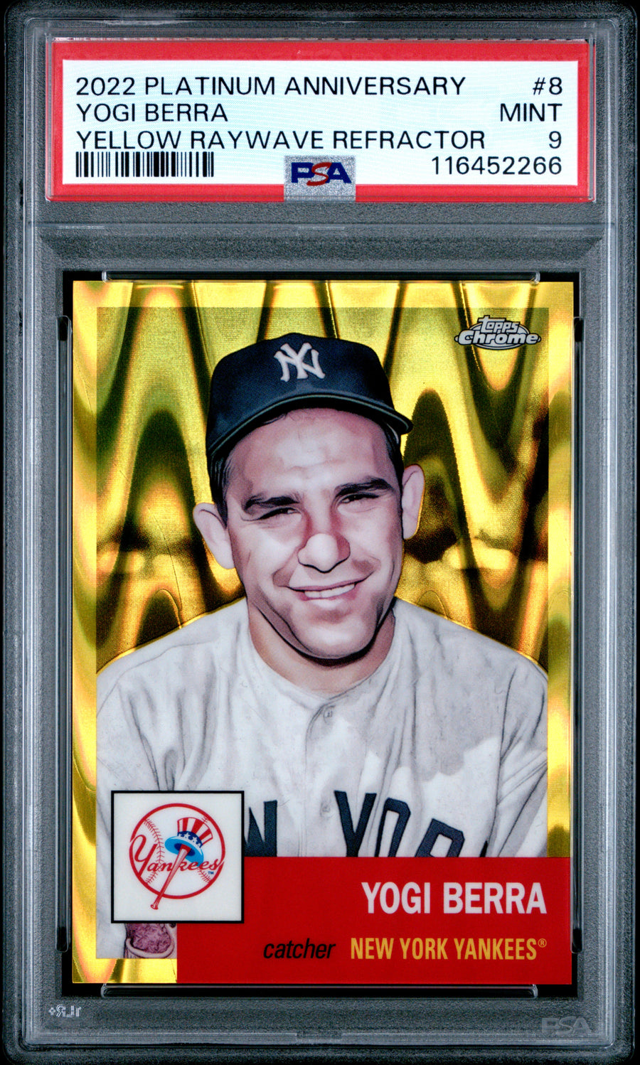 2022 Topps Chrome Platinum Anniversary #8 Yogi Berra Yellow Raywave Refractor PSA 9 — Front