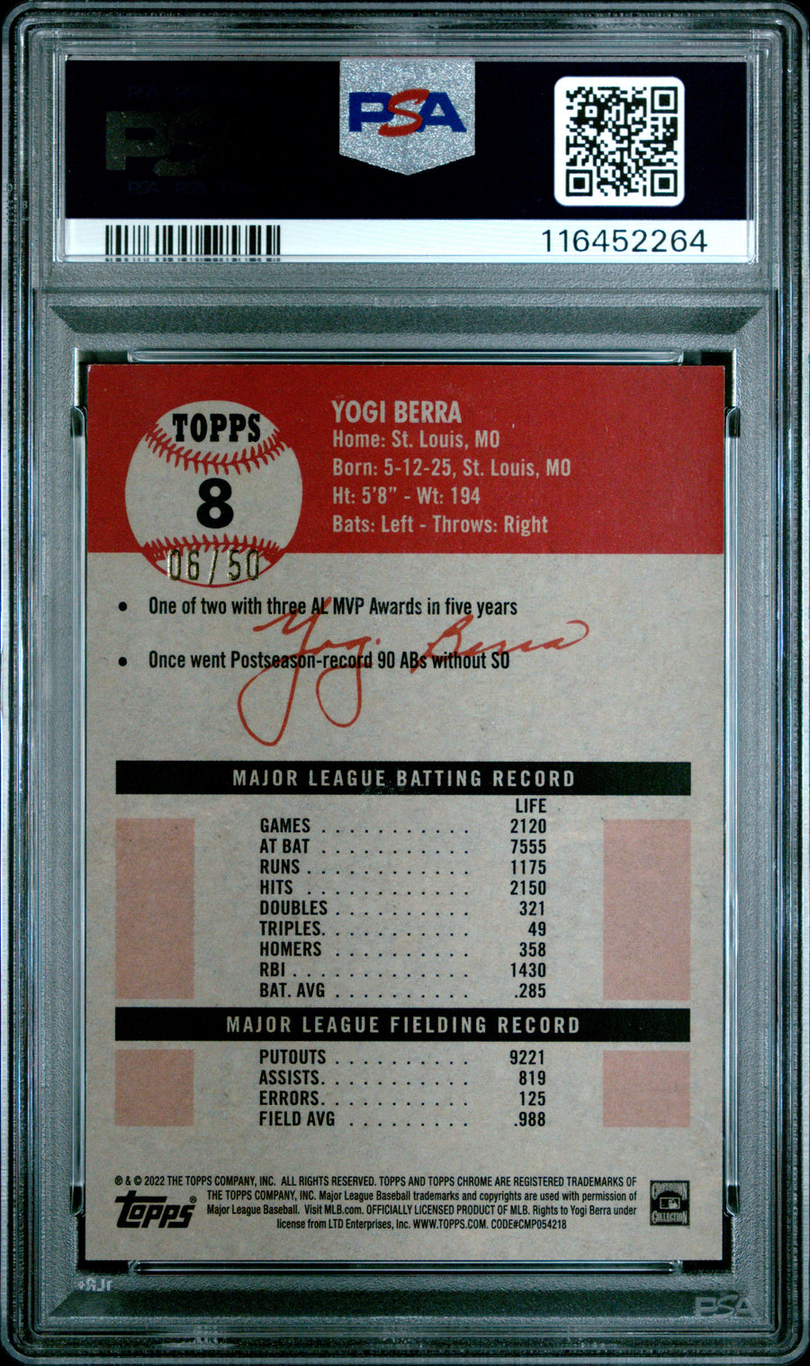 2022 Topps Chrome Platinum Anniversary #8 Yogi Berra Gold Wave Refractor PSA 9 — Back