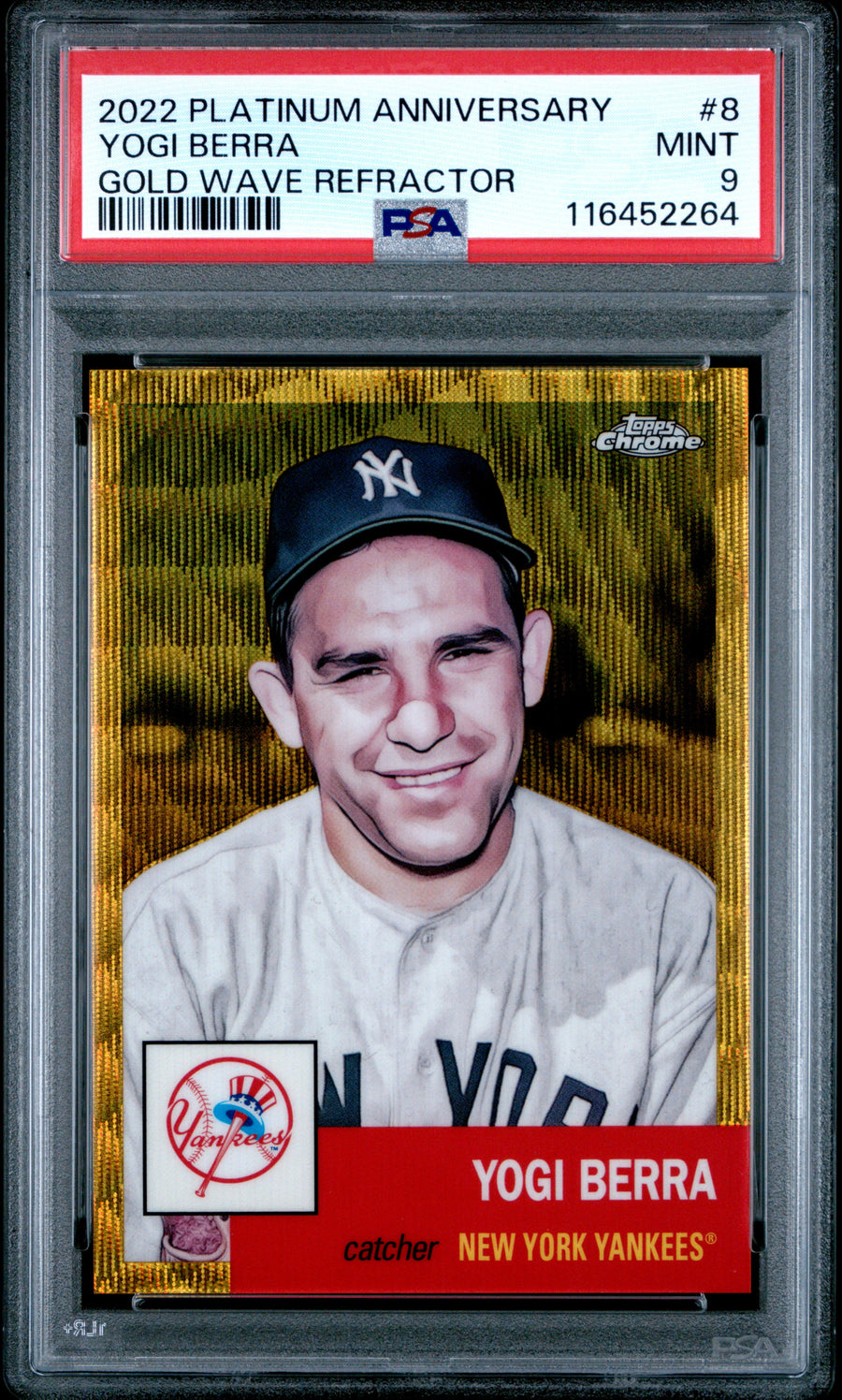 2022 Topps Chrome Platinum Anniversary #8 Yogi Berra Gold Wave Refractor PSA 9 — Front