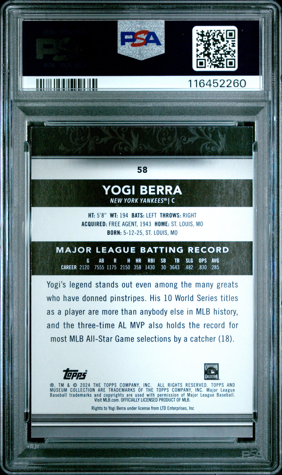 2024 Topps Museum Collection #58 Yogi Berra Gold PSA 8 — Back