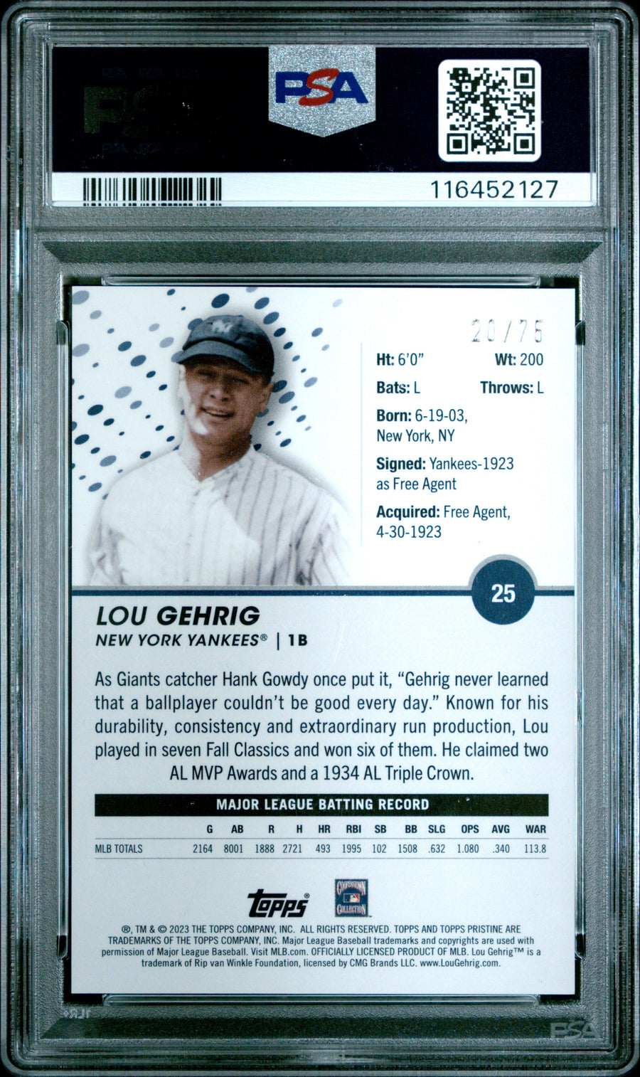 2023 Topps Pristine #25 Lou Gehrig Pristine Blue PSA 10 — Back