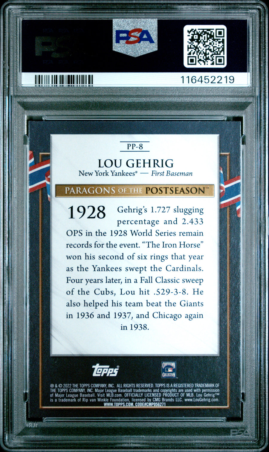 2022 Topps Update #PP8 Lou Gehrig Paragons/Postseason PSA 9 — Back