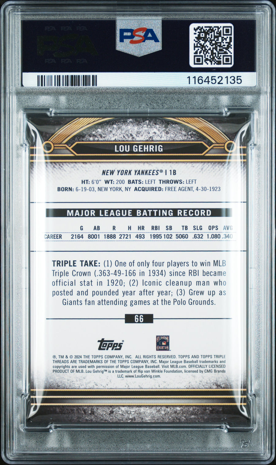 (1)2024 Topps Triple Threads #66 Lou Gehrig Gold PSA 8 — Back