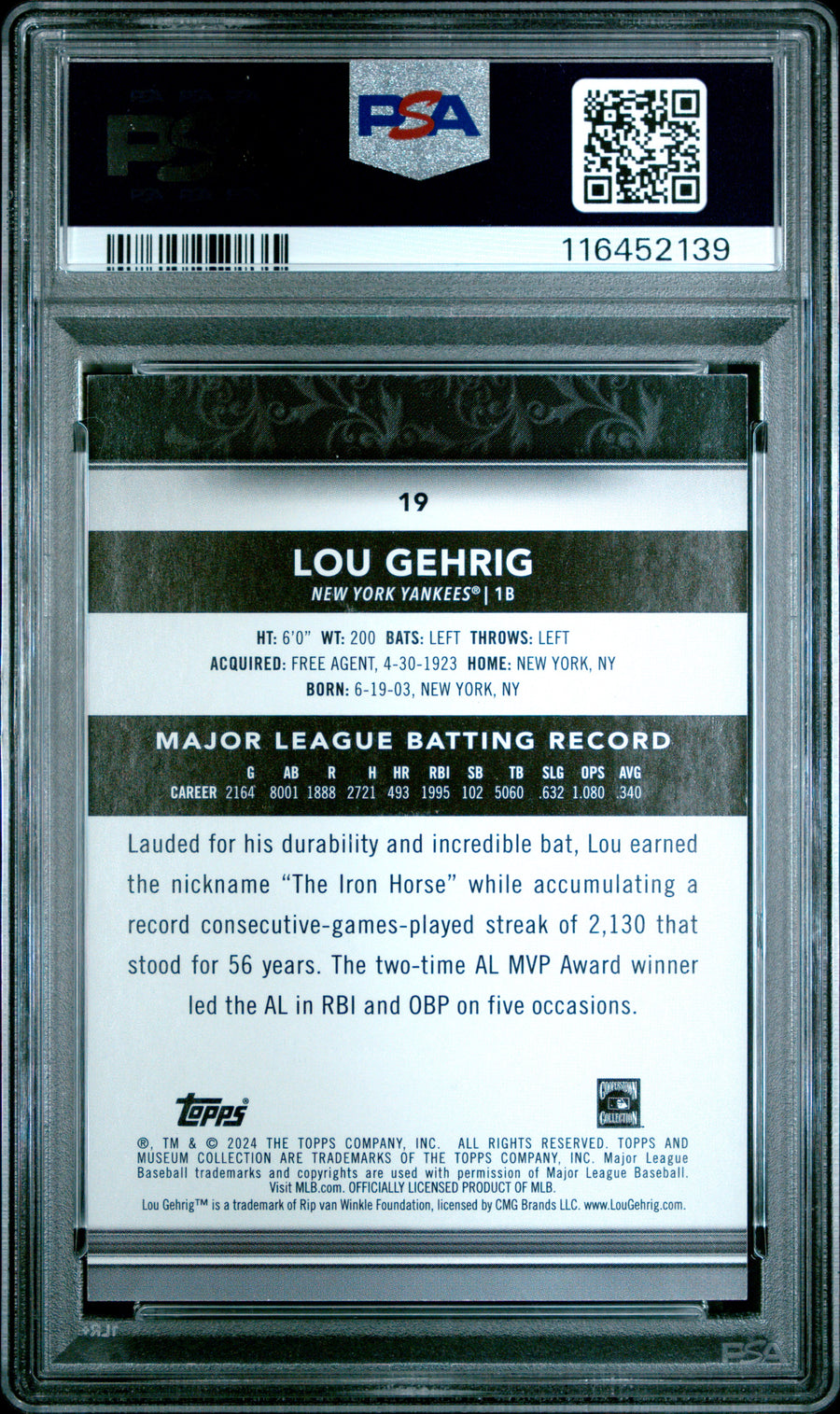 (2)2024 Topps Museum Collection #19 Lou Gehrig Gold PSA 8 — Back