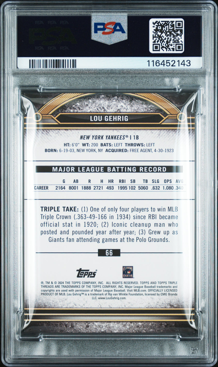 (1)2024 Topps Triple Threads #66 Lou Gehrig Aquamarine PSA 8 — Back