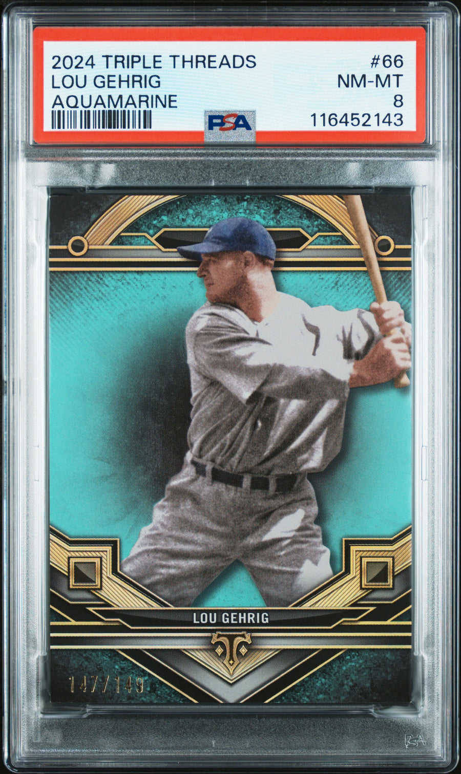 (1)2024 Topps Triple Threads #66 Lou Gehrig Aquamarine PSA 8 — Front