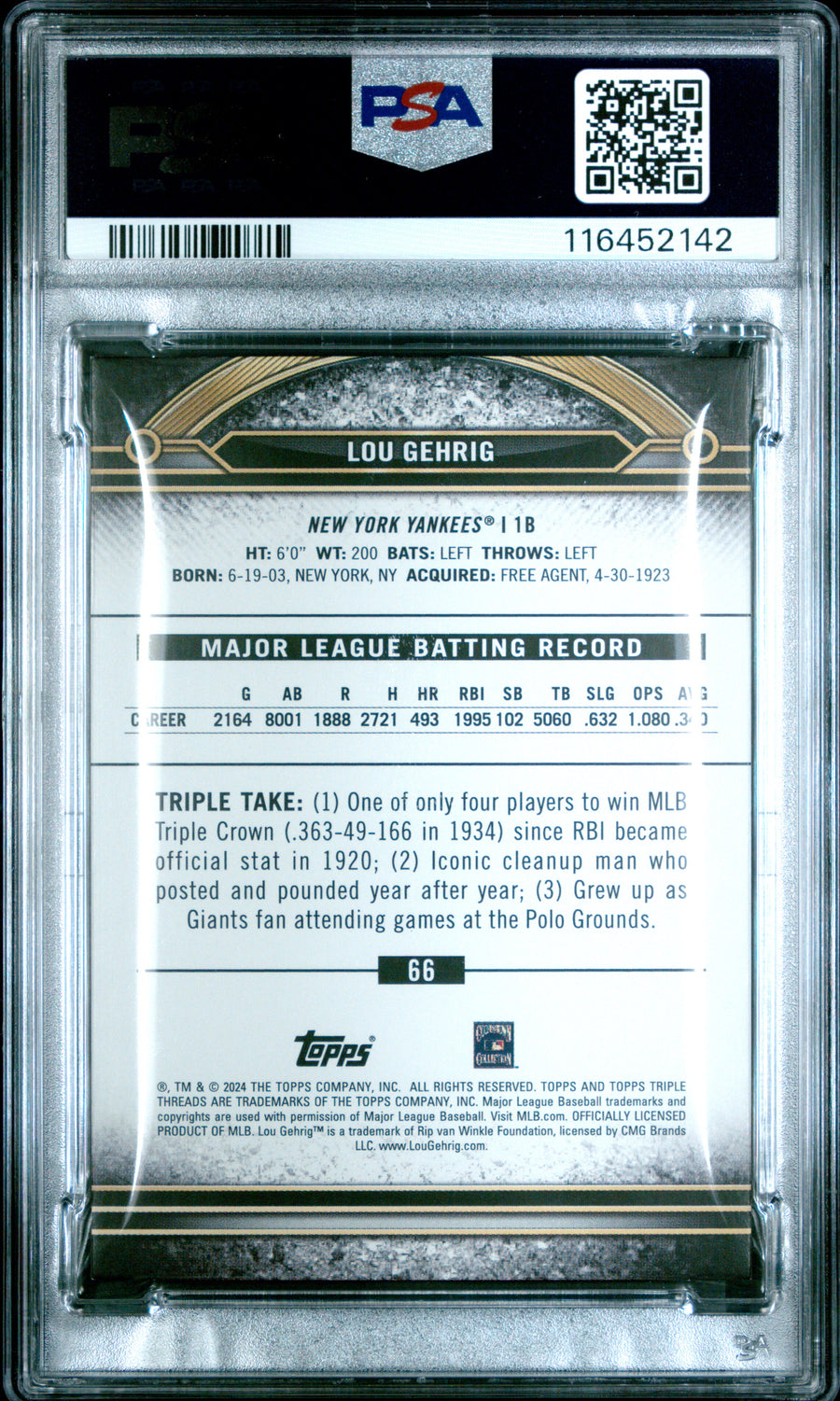 (2)2024 Topps Triple Threads #66 Lou Gehrig Aquamarine PSA 8 — Back