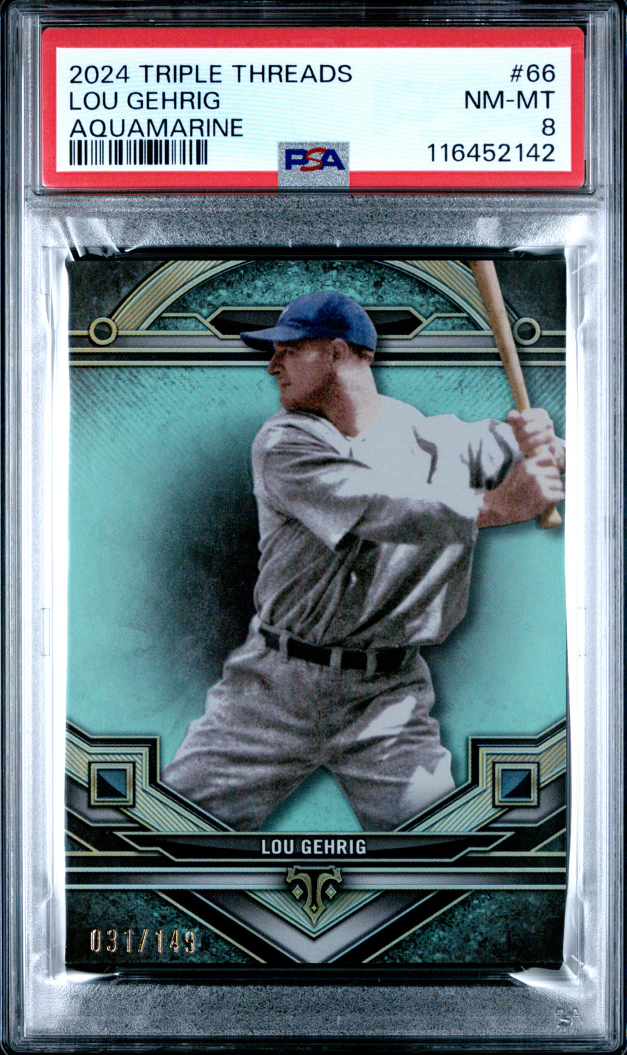 (2)2024 Topps Triple Threads #66 Lou Gehrig Aquamarine PSA 8 — Front