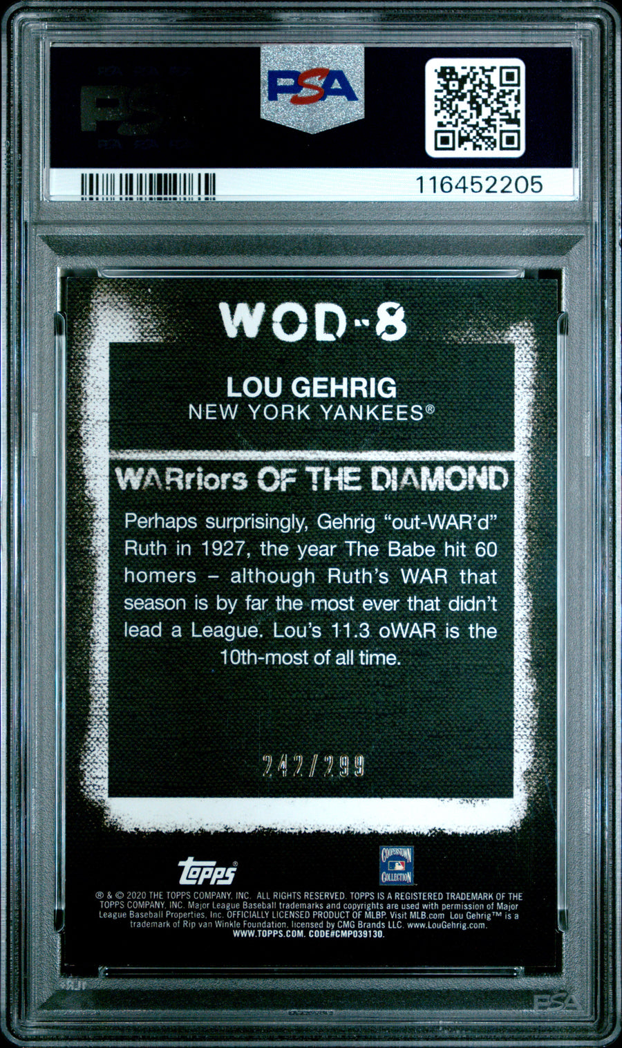 2020 Topps W.O.D. #WOD8 Lou Gehrig Warriors/Diamond-Black PSA 8 — Back
