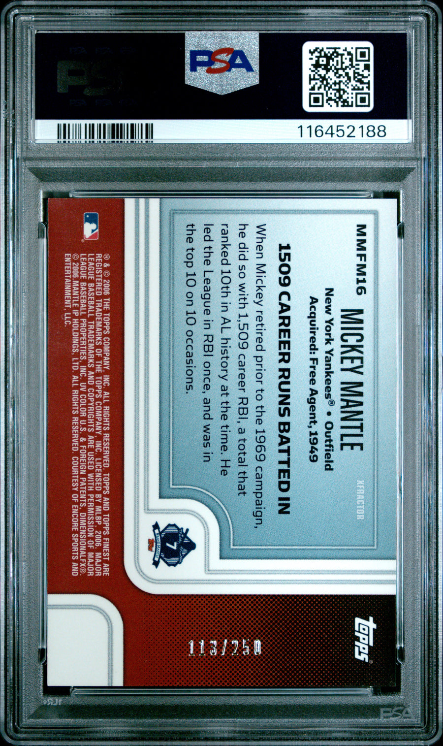 2006 Finest Mantle Finest Moments #16 Mickey Mantle Xfractor PSA 9 — Back