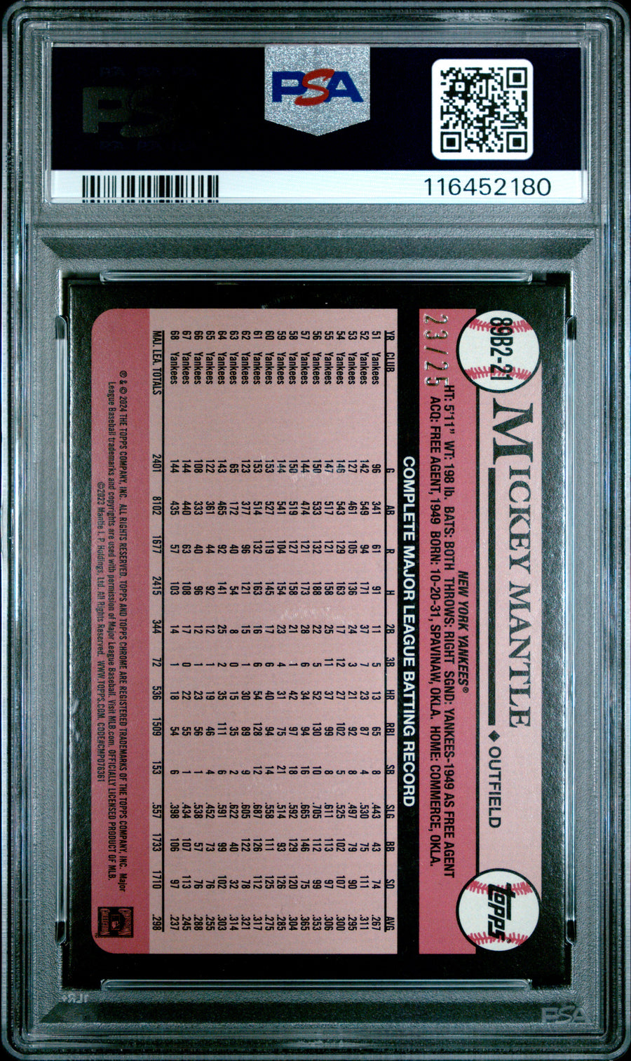 2024 Topps 1989 Topps Baseball #89B2-21 Mickey Mantle 1989 Topps-Foil-Orange PSA 9 — Back