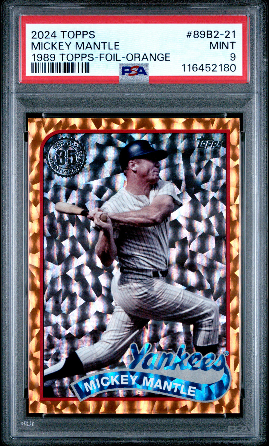 2024 Topps 1989 Topps Baseball #89B2-21 Mickey Mantle 1989 Topps-Foil-Orange PSA 9 — Front